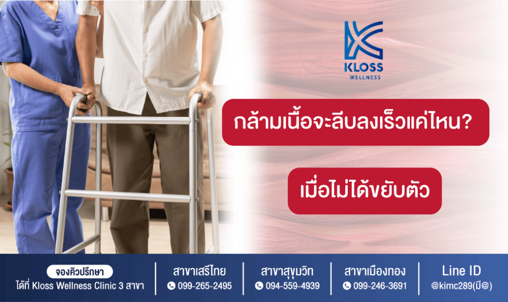 ผู้สูงอายุใช้วอล์กเกอร์ช่วยพยุงเดิน ขณะมีเจ้าหน้าที่ดูแล พร้อมข้อความเตือนเรื่องกล้ามเนื้ออ่อนแรง