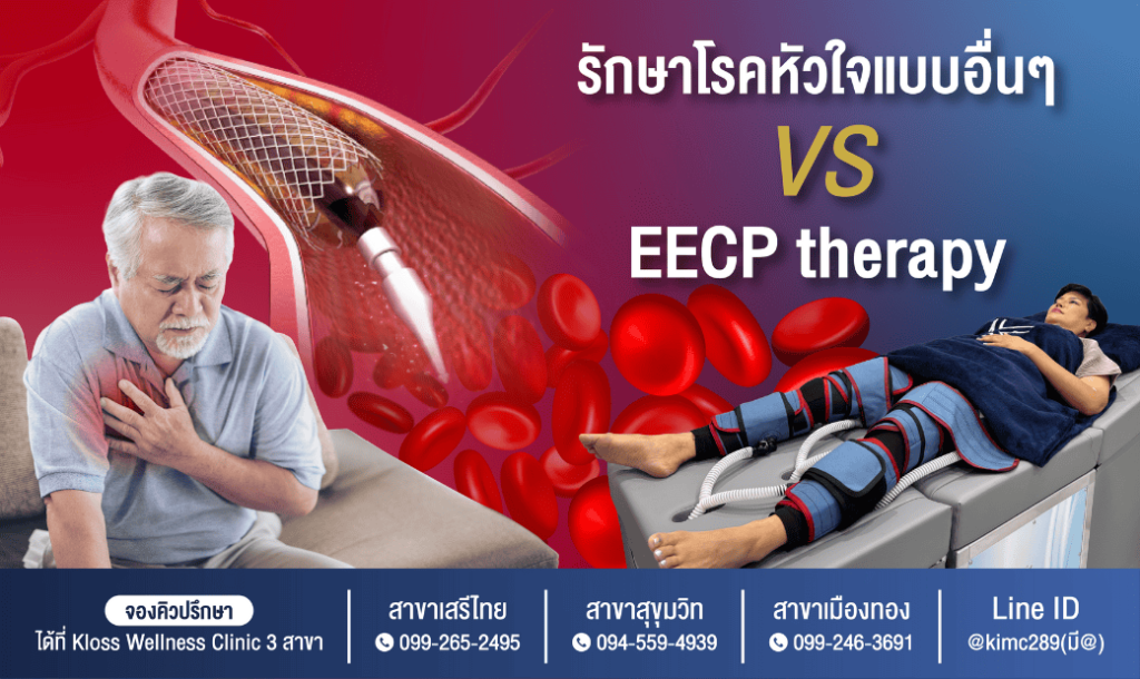 ผู้สูงอายุมีอาการเจ็บหน้าอก เปรียบเทียบการรักษาโรคหัวใจแบบเดิมกับ EECP Therapy ซึ่งเป็นเทคโนโลยีฟื้นฟูหัวใจโดยไม่ต้องผ่าตัด พร้อมบริการที่ Kloss Wellness Clinic